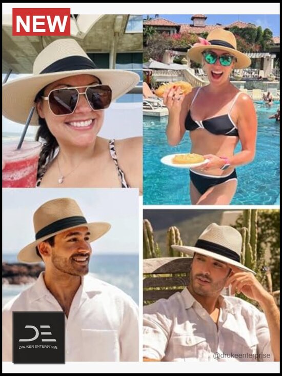 Wide Brim Fedora Straw Beach Hat UPF 80+ Sun Protection Adjustable